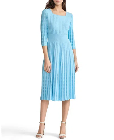 Ming Wang Linear Pointelle Tonal Knit Fit And Flare Midi Dress In Blue