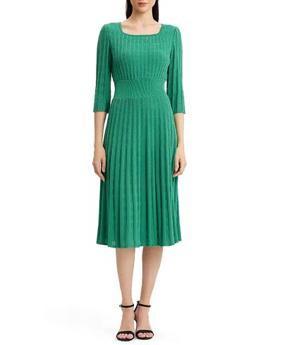 Ming Wang Linear Pointelle Tonal Knit Fit And Flare Midi Dress In Green