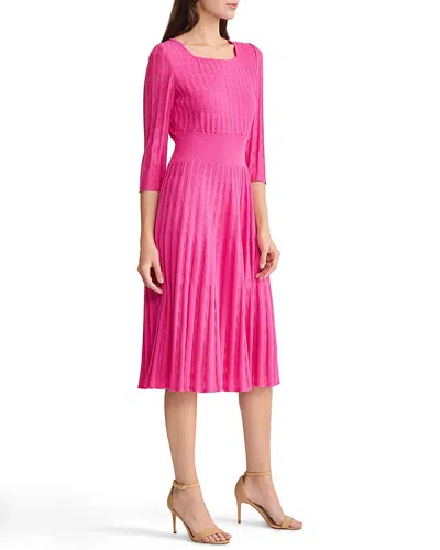 Ming Wang Linear Pointelle Tonal Knit Fit And Flare Midi Dress In Pink