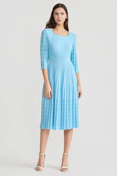 Ming Wang Linear Pointelle Tonal Knit Fit-n-flare Midi Dress In Blue