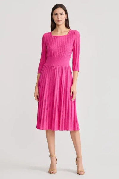 Ming Wang Linear Pointelle Tonal Knit Fit-n-flare Midi Dress In Pink