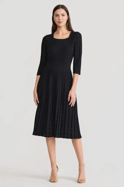 Ming Wang Linear Pointelle Tonal Knit Fit-n-flare Midi Dress In Black