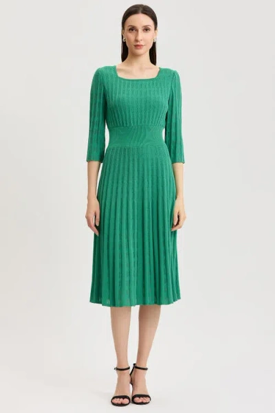 Ming Wang Linear Pointelle Tonal Knit Fit-n-flare Midi Dress In Green