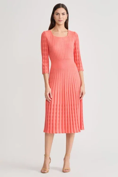 Ming Wang Linear Pointelle Tonal Knit Fit-n-flare Midi Dress In Pink