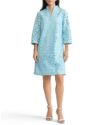 Ming Wang Lined Embroidered Stitch Woven Midi Dress In Blue