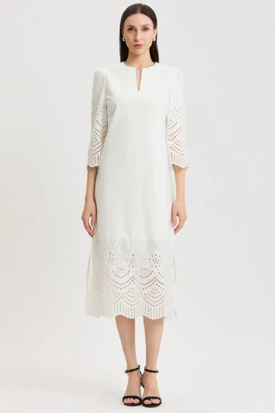 Ming Wang Lined Eyelet Straight Cotton Maxi Dress In White