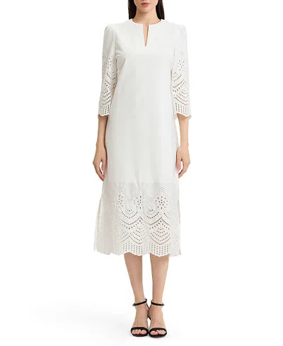 Ming Wang Lined Eyelet Straight Cotton Maxi Dress In White
