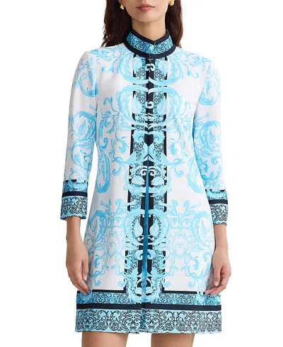 Ming Wang Heritage Lined Printed Stretch Deco Crepe Jacket In Blue