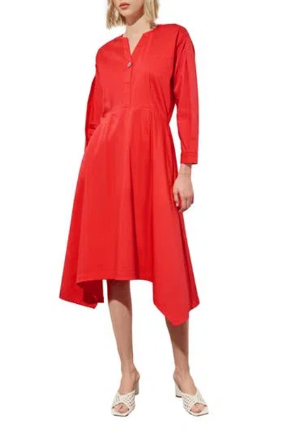Ming Wang Long Sleeve Asymmetric Hem Cotton Blend Dress In Red