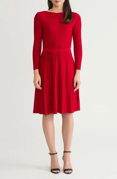 Ming Wang Long Sleeve Fit & Flare Stretch Knit Dress In Red