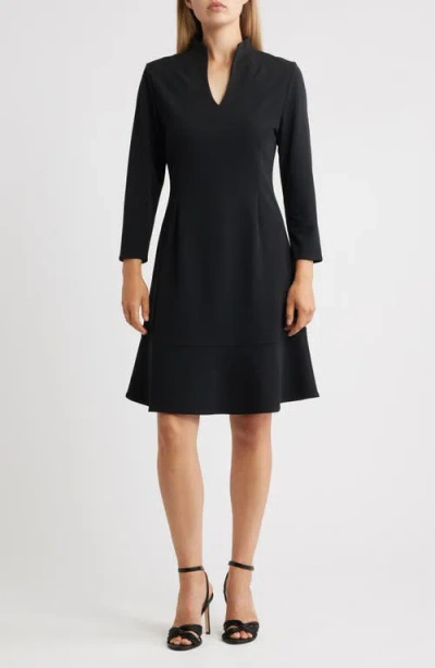 Ming Wang Long Sleeve Stretch Crepe Fit & Flare Dress