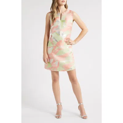 Ming Wang Metallic Abstract Jacquard Sheath Dress In Fern/orange Burst/limestone