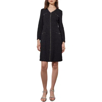 Ming Wang Metallic Braid Detail Long Sleeve Dress In Blk/granite