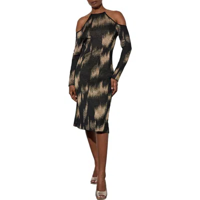 Ming Wang Metallic Long Sleeve Jacquard Midi Dress In Black/gold