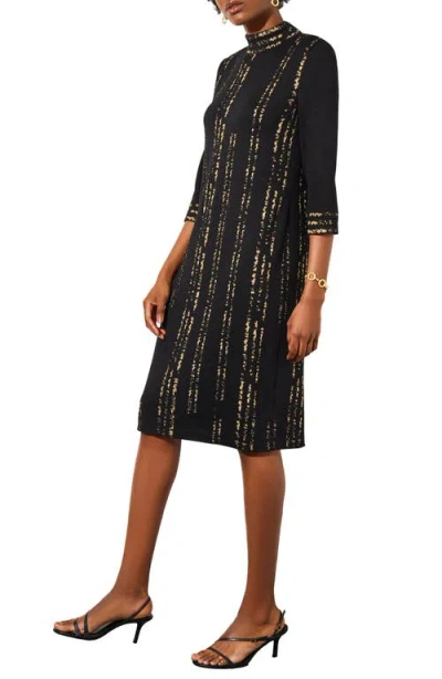 Ming Wang Metallic Stripe Knit Shift Dress In Black/gold