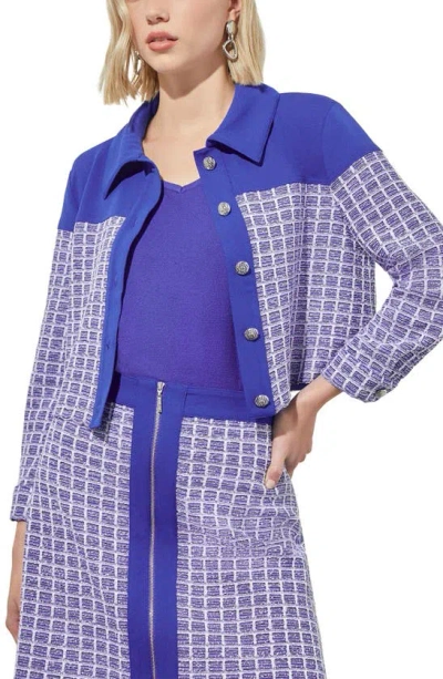 Ming Wang Mixed Media Crop Jacket In Sapphire Sea/ White