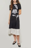 Ming Wang Mixed Media Pleated Midi Dress In Black/white