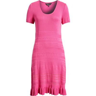 Ming Wang Mixed Stitch Short Sleeve Jumper Dress In Carmine Rose