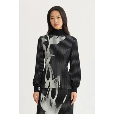 Ming Wang Mock Neck Floral Soft Ribbed Knit Top In Black