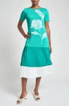 Ming Wang Modern Fit Mixed Media Pleated Midi Dress