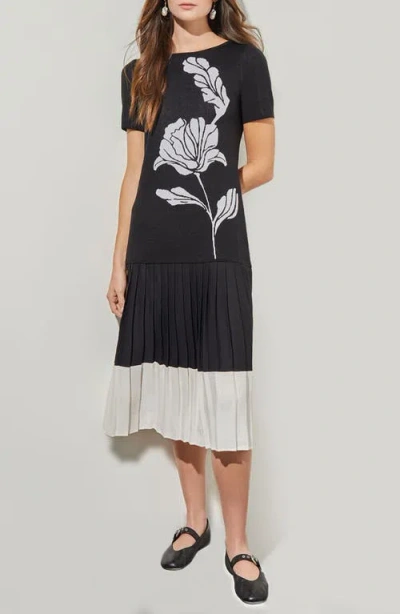 Ming Wang Modern Fit Mixed Media Pleated Midi Dress