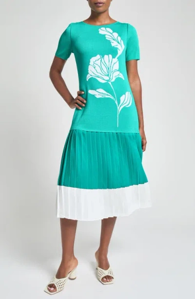 Ming Wang Modern Fit Mixed Media Pleated Midi Dress In Emerald Awe/white