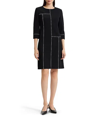 Ming Wang Monochrome Grid Stitch Stretch Deco Crepe Dress In Black