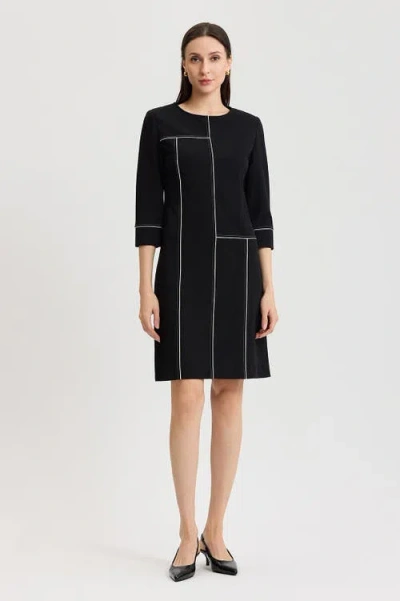 Ming Wang Monochrome Grid Stitch Stretch Deco Crepe Dress In Black