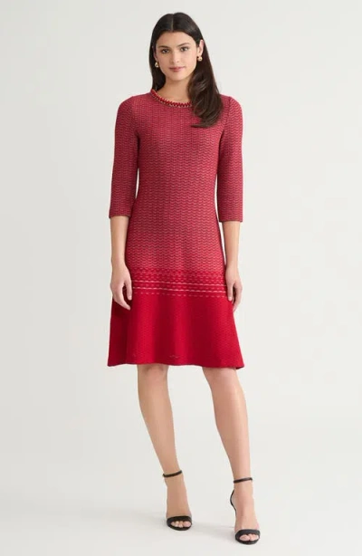 Ming Wang Ombre Chain Trim Textured Knit Dress In Red