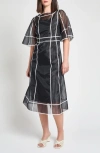 Ming Wang Organza Contrast Stripe A-line Midi Dress In Black/white