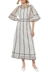 Ming Wang Organza Contrast Stripe A-line Midi Dress In White/black