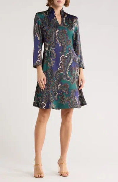 Ming Wang Paisley Print Crepe De Chine Dress In Blue