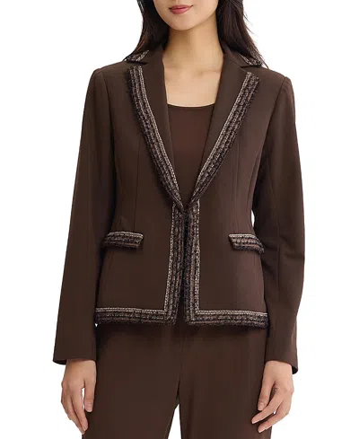Ming Wang Petite Stretch Deco Crepe Knit Trim Jacket In Dark Umber/warm Taupe/ivory