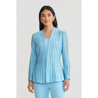 Ming Wang Petite Tailored Dotted Stripe Peplum Knit Jacket In Blue