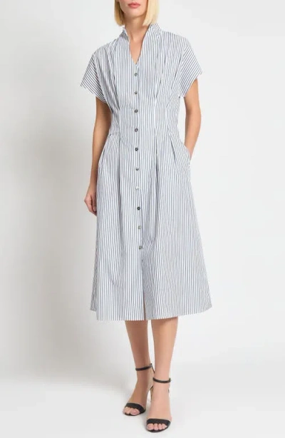 Ming Wang X Tanya Foster Pinstripe Cotton Fit & Flare Midi Dress In White/black