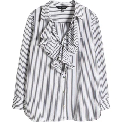 Ming Wang Pinstripe Ruffle Neck Woven Cotton Shirt In White/black