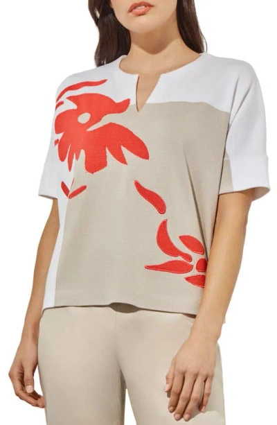 Ming Wang Placed Floral Short Sleeve Sweater In Flamenco/ Limestone/ White