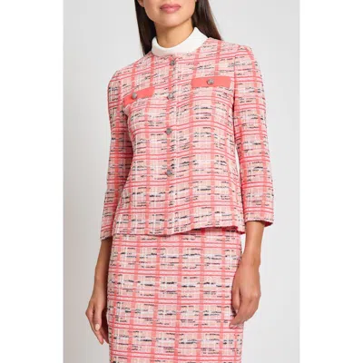 Ming Wang Plaid Knit Jacket In Sunkist Coral/multi