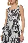 MING WANG PLEATED FLORAL PRINT SLEEVELESS PEPLUM TOP