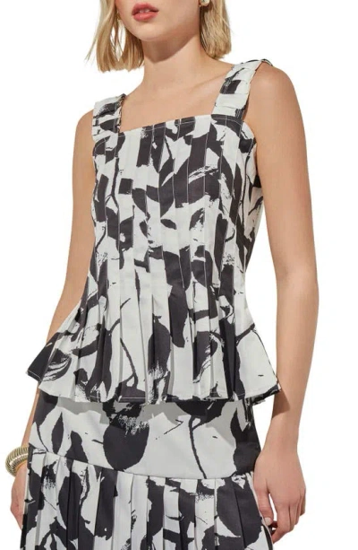 Ming Wang Pleated Floral Print Sleeveless Peplum Top In Black/ White