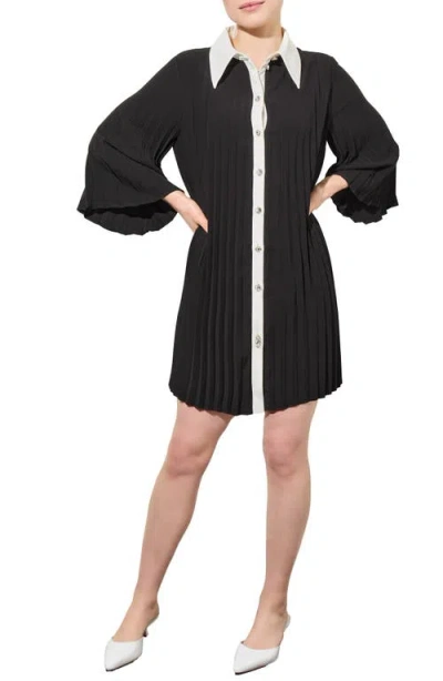 Ming Wang Pleated Mini Shirtdress In Black/ White