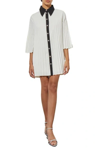 Ming Wang Pleated Mini Shirtdress In White/black