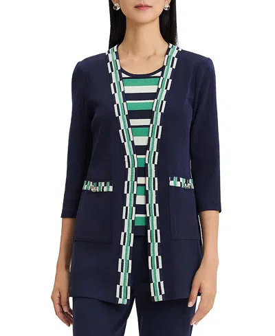 Ming Wang Plus Checkered Trim Soft Knit Jacket In Multi
