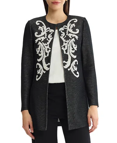Ming Wang Plus Size Filigree Jacquard Knit Jacket In Black/ivory
