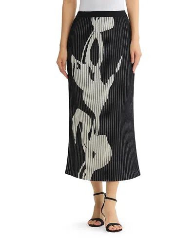 Ming Wang Plus Size Straight Floral Soft Ribbed Knit Maxi Skirt In Black/ivory