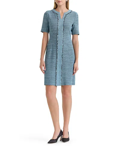 Ming Wang Plus Size Tweed Knit Fringe Accent Sheath Dress In Blue