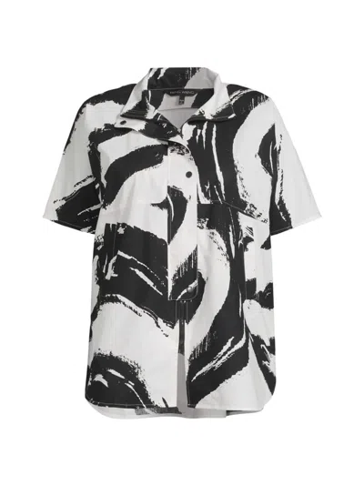 Ming Wang, Plus Size Women's Abstract Cotton Short-sleeve Jacket In White Black