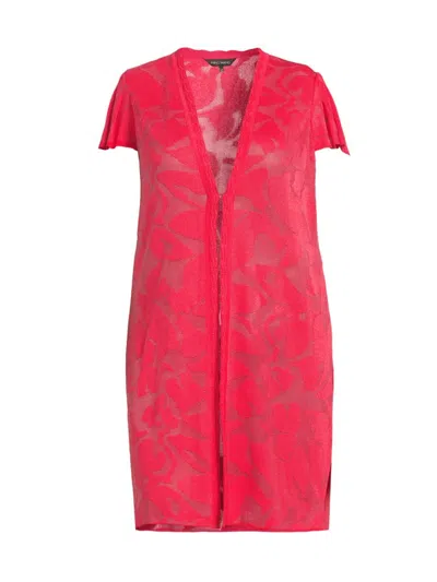 Ming Wang, Plus Size Women's Floral Knit Longline Jacket In Flamenco
