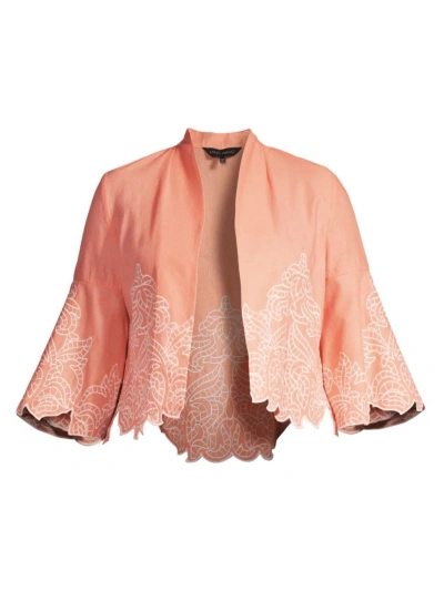 Ming Wang, Plus Size Women's Plus Embroidered Hem Open Jacket In Coral Sand White