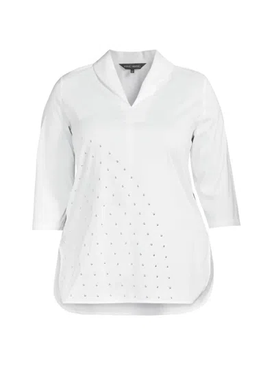 Ming Wang, Plus Size Women's Studded Cotton-blend Shawl-collar Top In White